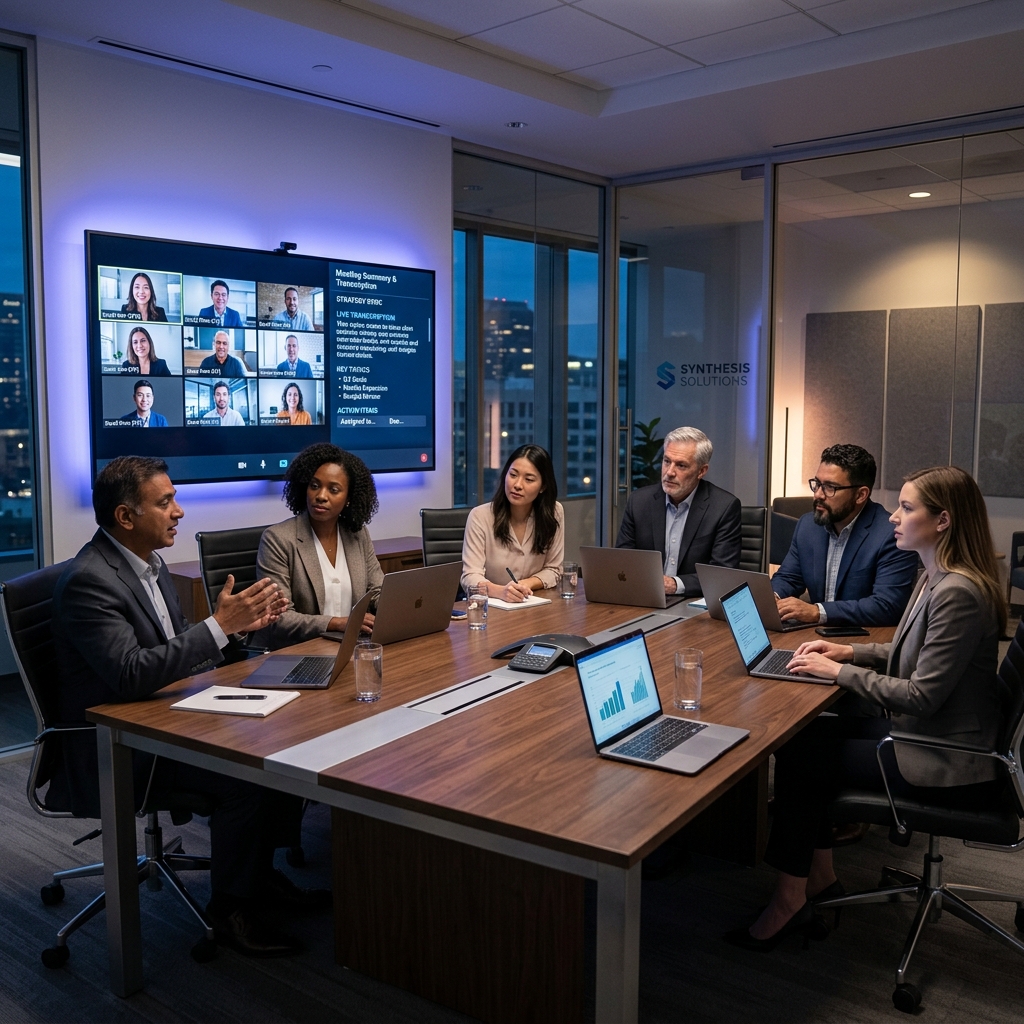 Enterprise team in a boardroom video call with AI transcription