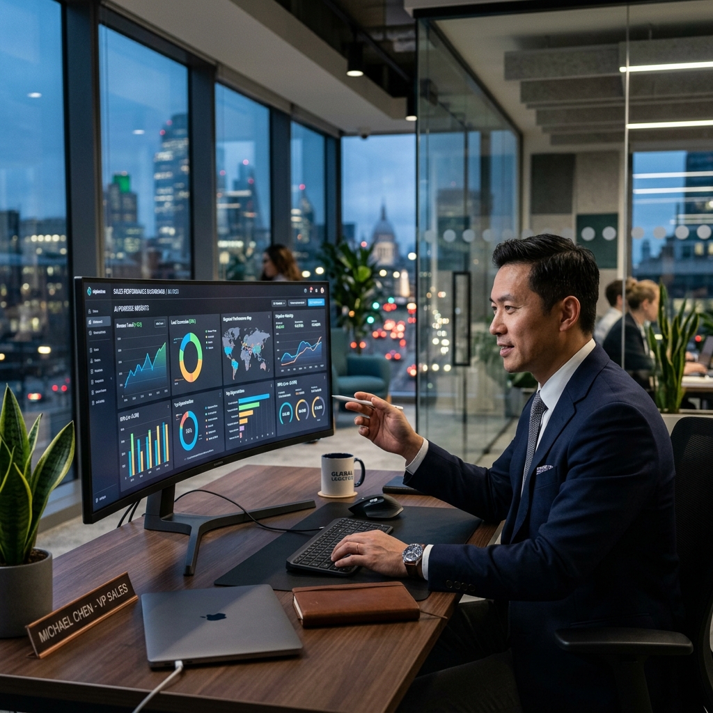 Sales professional reviewing AI analytics dashboard